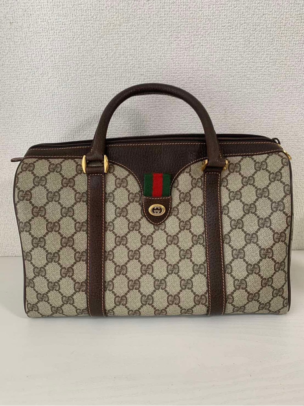 Gucci Brown GG Supreme Canvas Boston Bag with SherryLine